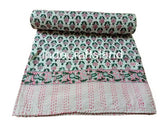 Indian Beautiful Kantha Quilt – Hand Block Floral Print Vintage Kantha Throw, Reversible Cotton Bedspread (Twin/Queen/King Size)